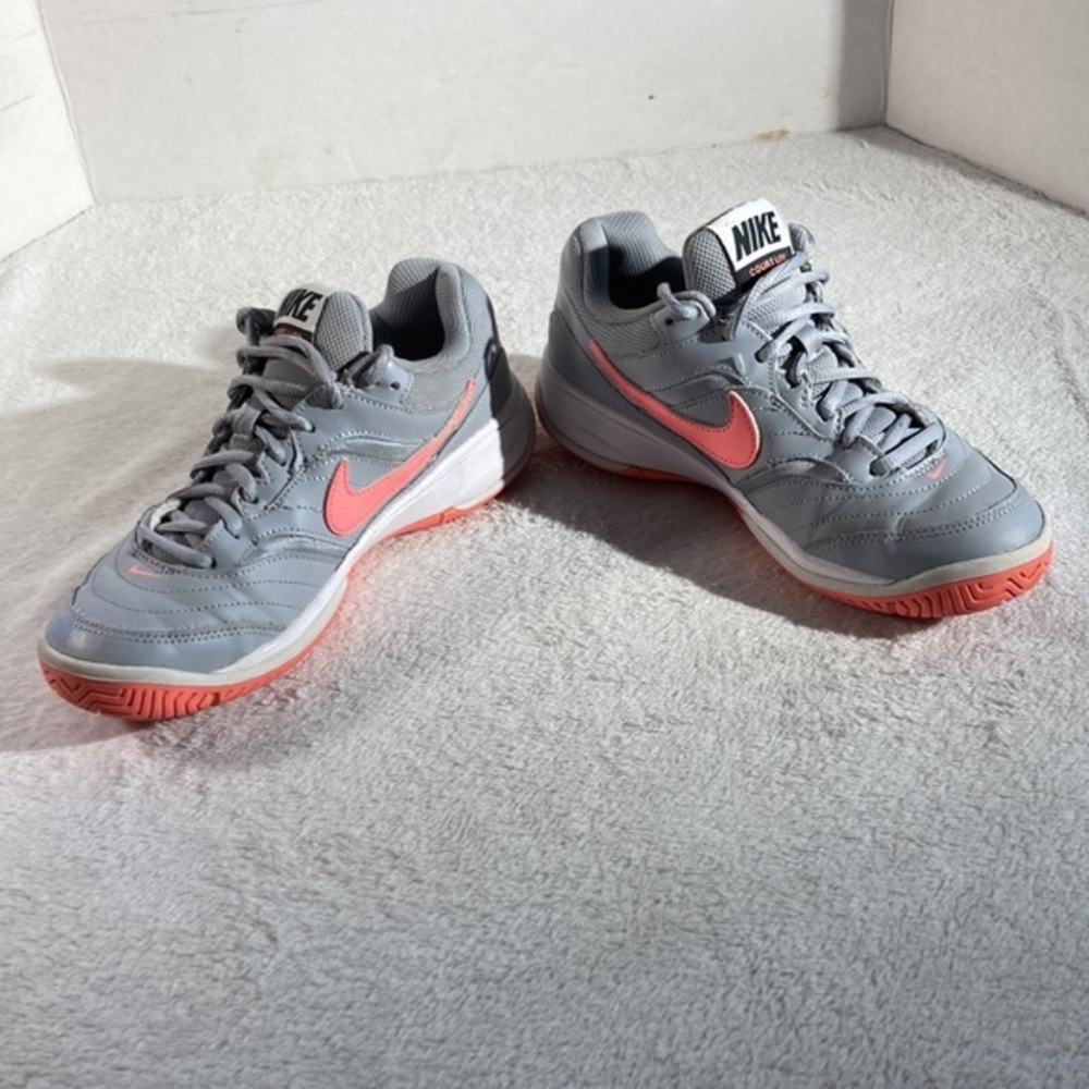 Woman’s Nike Court Lite Gray and Pink Lava Glow Sneakers